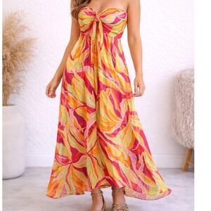 Fate Women Tropical Leaf Print Strapless Maxi Dress Pink Orange Yellow Small NEW